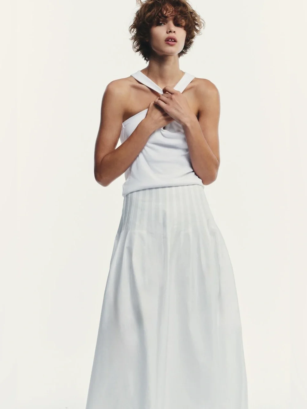 NWT Zara 100% Cotton White Pleated Flowy Midi Skirt Sz M Minimalist Clean July 4